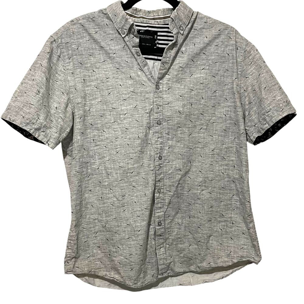 Denim & Flower Mens Large Gray Bird Print Short Sleeve Button Up Shirt Slim Fit